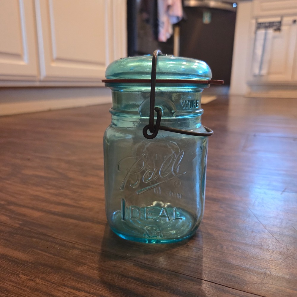 Ball Ideal Bicentennial Celebration Aqua Blue Glass Jar Wire Bail Lid 1776-1976
